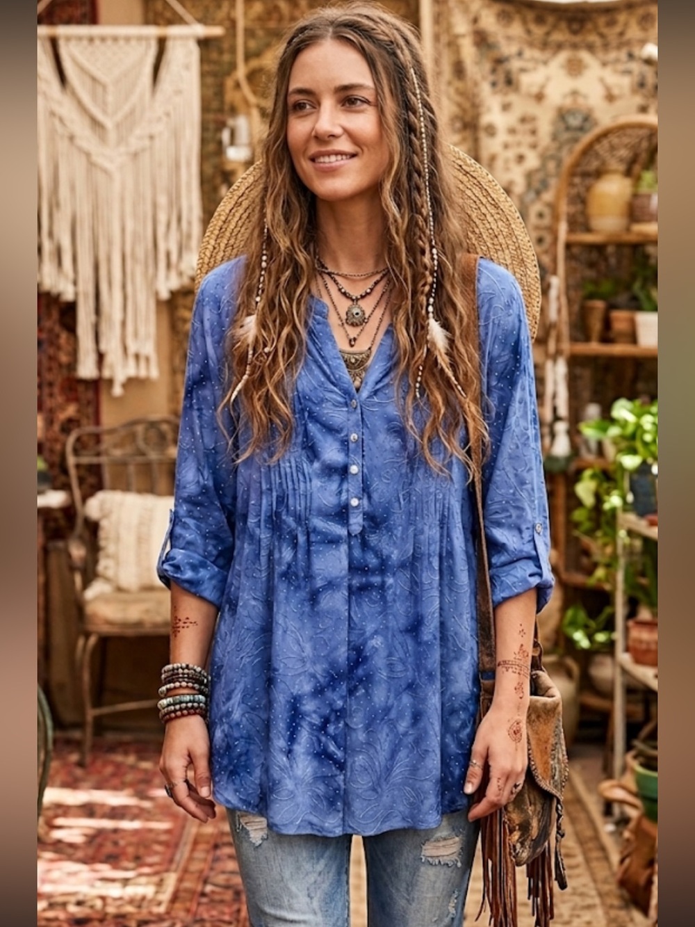 Cocomo Boho Blue V-Neck Button Tunic Top